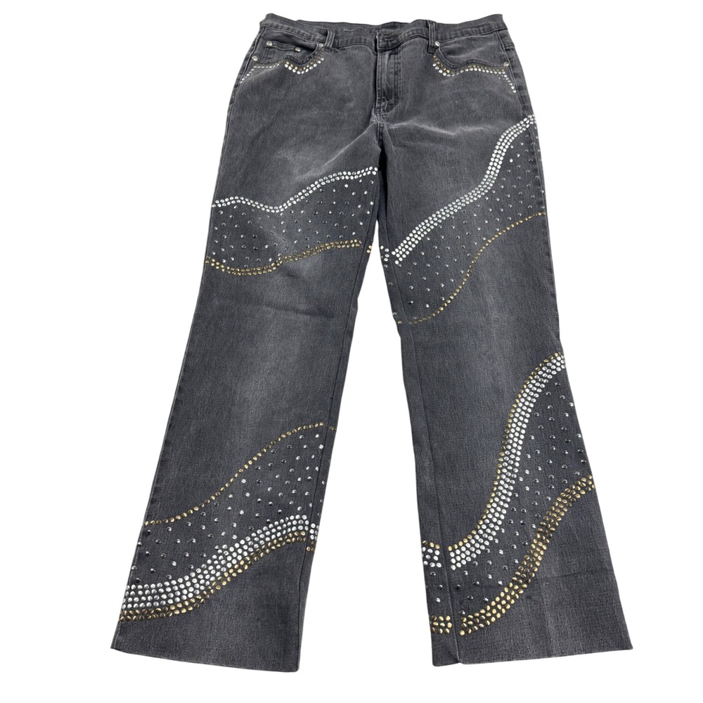 DG2  Diane Gilman Gray Studded Wide Leg Jeans S/12 Retro Western Y2k Flare